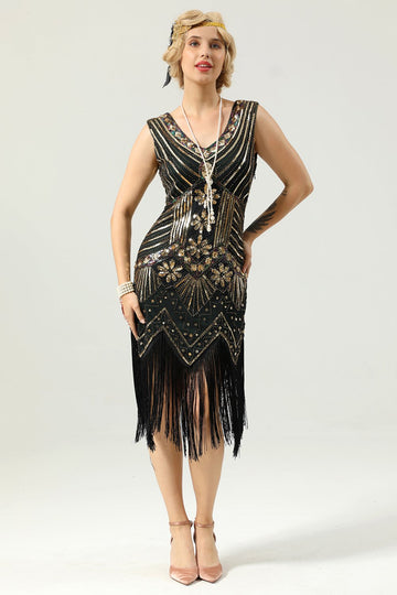 Robe à paillettes noires et dorées des années 1920